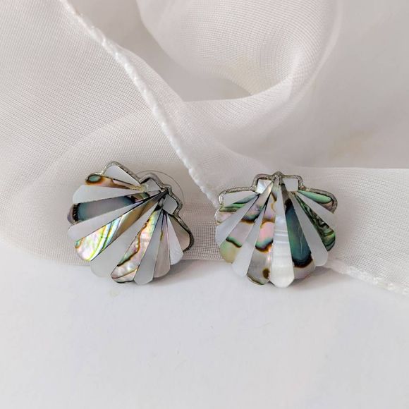 Vintage Jewelry - Vintage Alia Art Deco Abalone Seashell Pierced Stud Earrings Silver OS